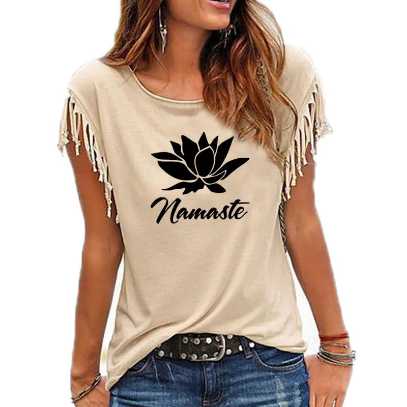 2021 New NAMASTE Print Women Tshirt Casual Short Sleeve O-neck Hipster Funny t Shirt For Girl Cotton Tassel Top Tees