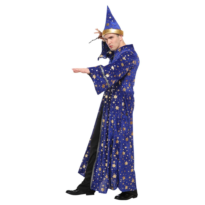 Adult Halloween Men Blue Robe and Hat Star Moon Magic Magician Wizard Costume Cosplay Role Playing Decoration Clothing