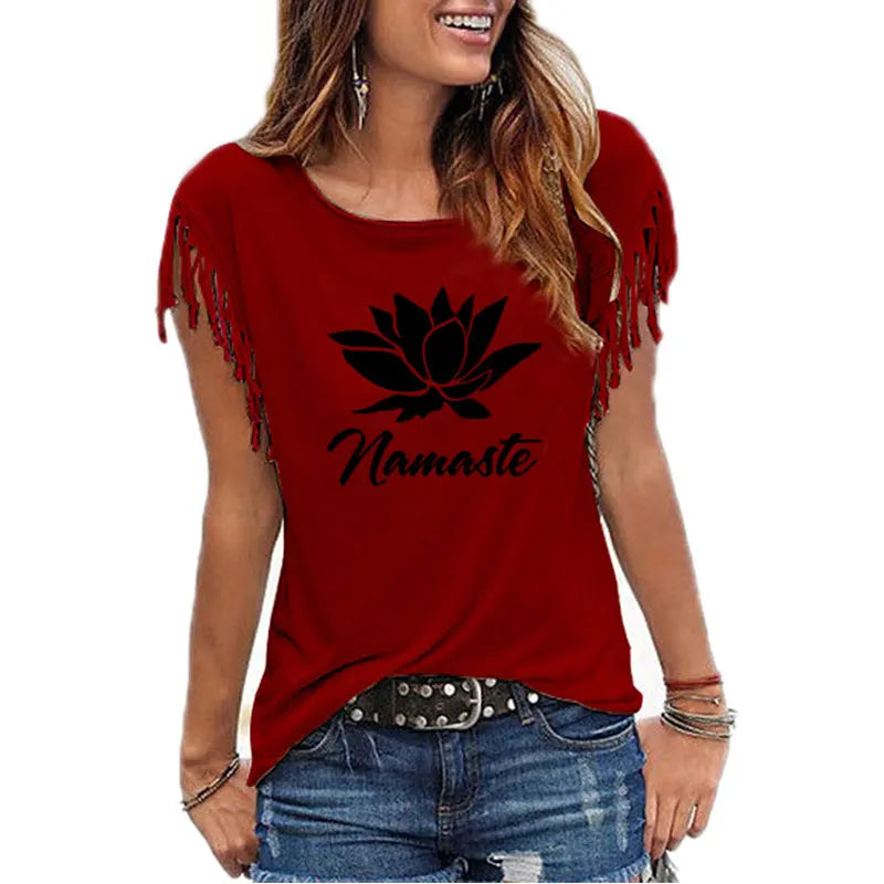 2021 New NAMASTE Print Women Tshirt Casual Short Sleeve O-neck Hipster Funny t Shirt For Girl Cotton Tassel Top Tees