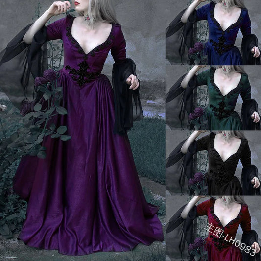 Witch Gothic Bride Halloween Dress Retro Slim Sexy Dress with Solid Color Lace Low V Neckline Party Vampire Cosplay Horror 2020