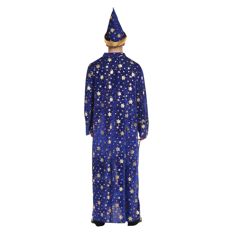 Adult Halloween Men Blue Robe and Hat Star Moon Magic Magician Wizard Costume Cosplay Role Playing Decoration Clothing