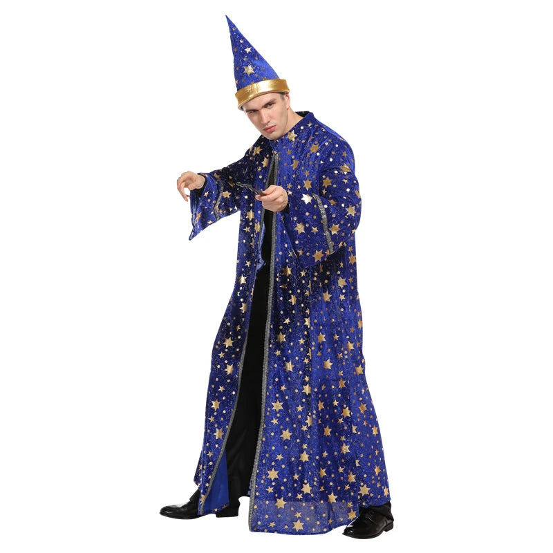 Adult Halloween Men Blue Robe and Hat Star Moon Magic Magician Wizard Costume Cosplay Role Playing Decoration Clothing