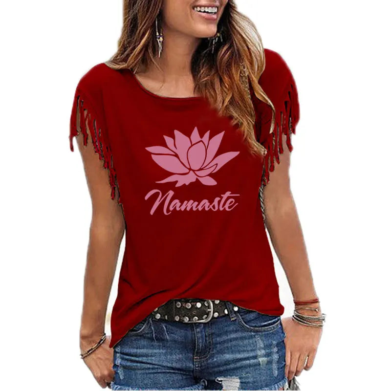 2021 New NAMASTE Print Women Tshirt Casual Short Sleeve O-neck Hipster Funny t Shirt For Girl Cotton Tassel Top Tees