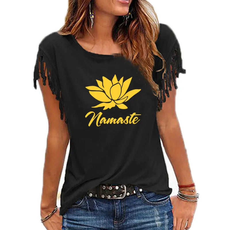 2021 New NAMASTE Print Women Tshirt Casual Short Sleeve O-neck Hipster Funny t Shirt For Girl Cotton Tassel Top Tees