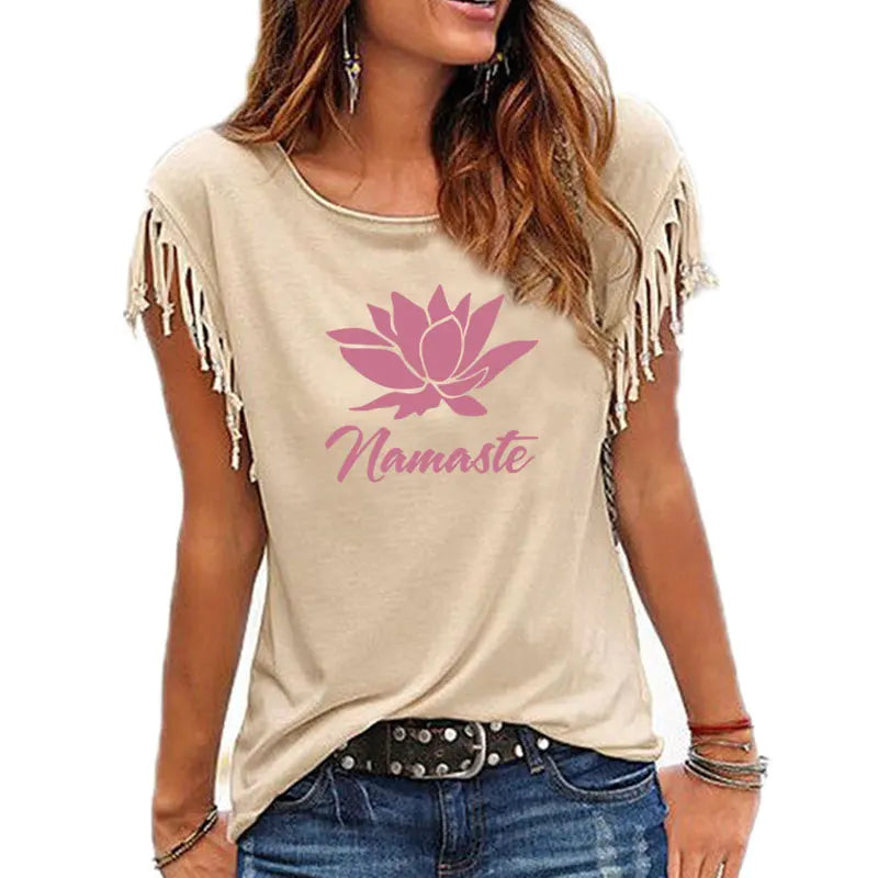 2021 New NAMASTE Print Women Tshirt Casual Short Sleeve O-neck Hipster Funny t Shirt For Girl Cotton Tassel Top Tees