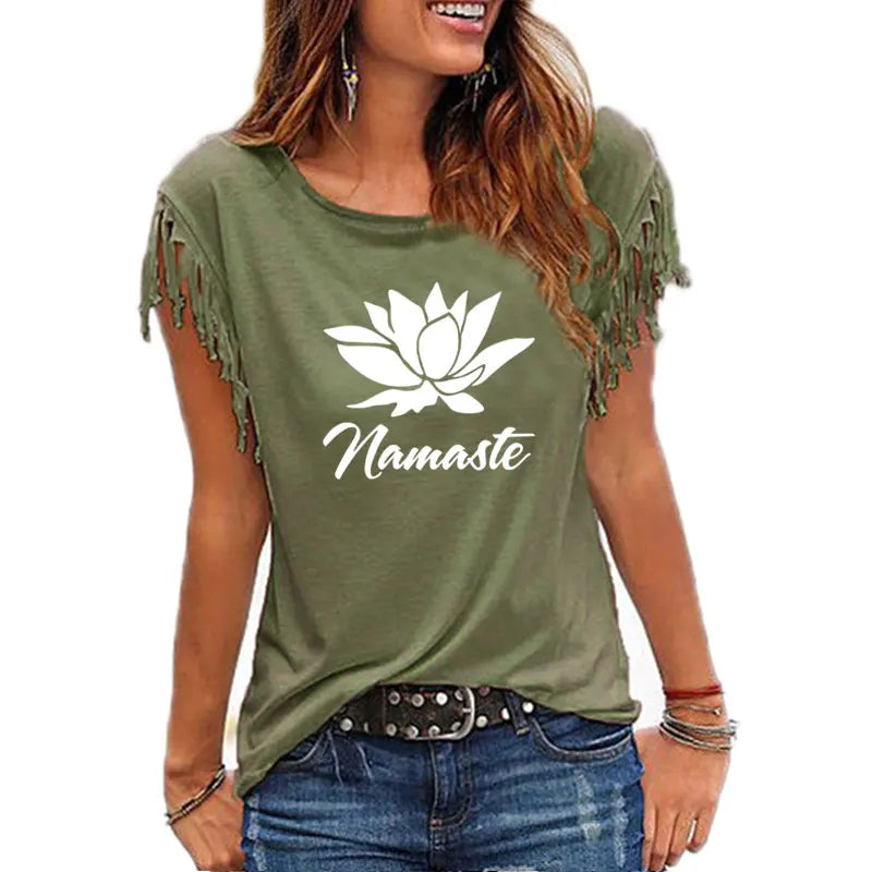 2021 New NAMASTE Print Women Tshirt Casual Short Sleeve O-neck Hipster Funny t Shirt For Girl Cotton Tassel Top Tees