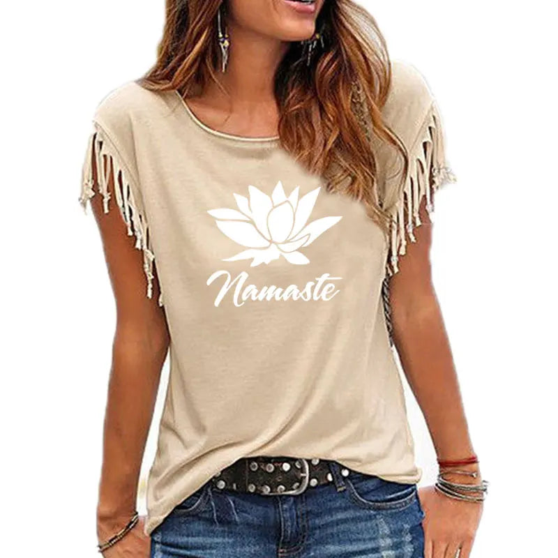 2021 New NAMASTE Print Women Tshirt Casual Short Sleeve O-neck Hipster Funny t Shirt For Girl Cotton Tassel Top Tees