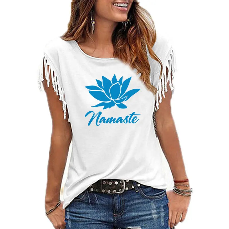 2021 New NAMASTE Print Women Tshirt Casual Short Sleeve O-neck Hipster Funny t Shirt For Girl Cotton Tassel Top Tees