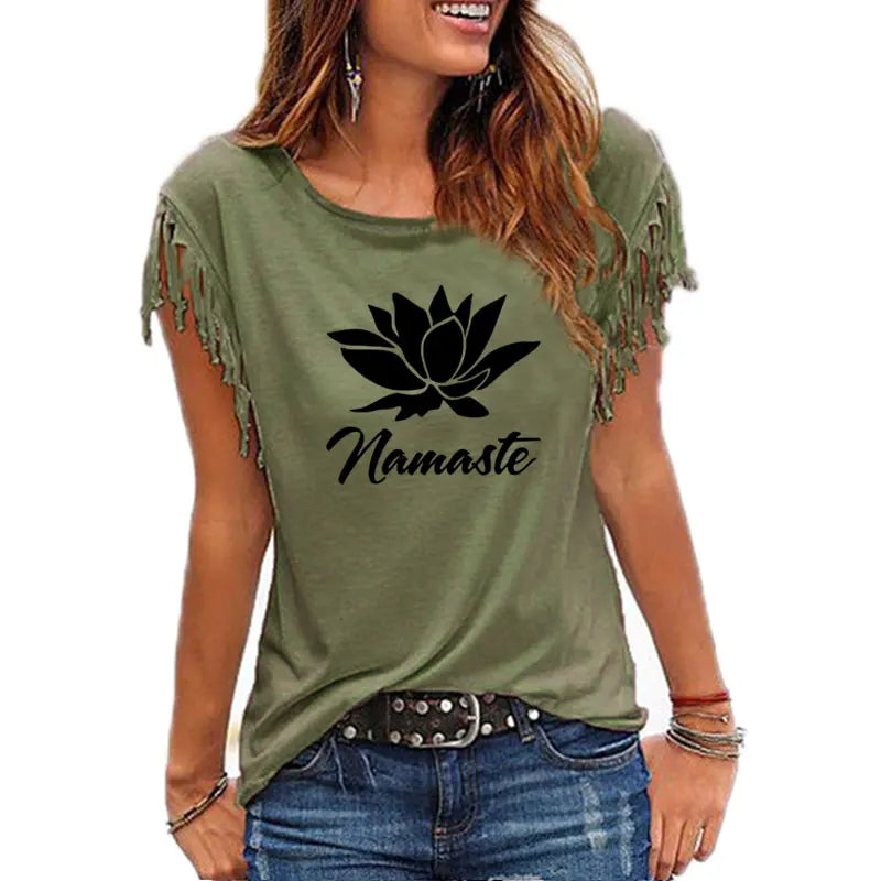 2021 New NAMASTE Print Women Tshirt Casual Short Sleeve O-neck Hipster Funny t Shirt For Girl Cotton Tassel Top Tees