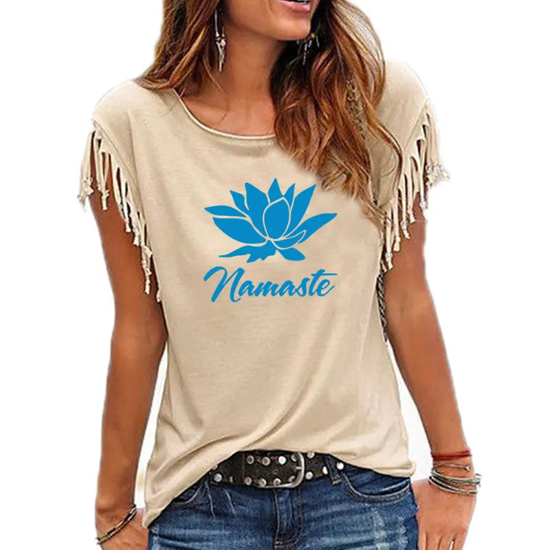 2021 New NAMASTE Print Women Tshirt Casual Short Sleeve O-neck Hipster Funny t Shirt For Girl Cotton Tassel Top Tees