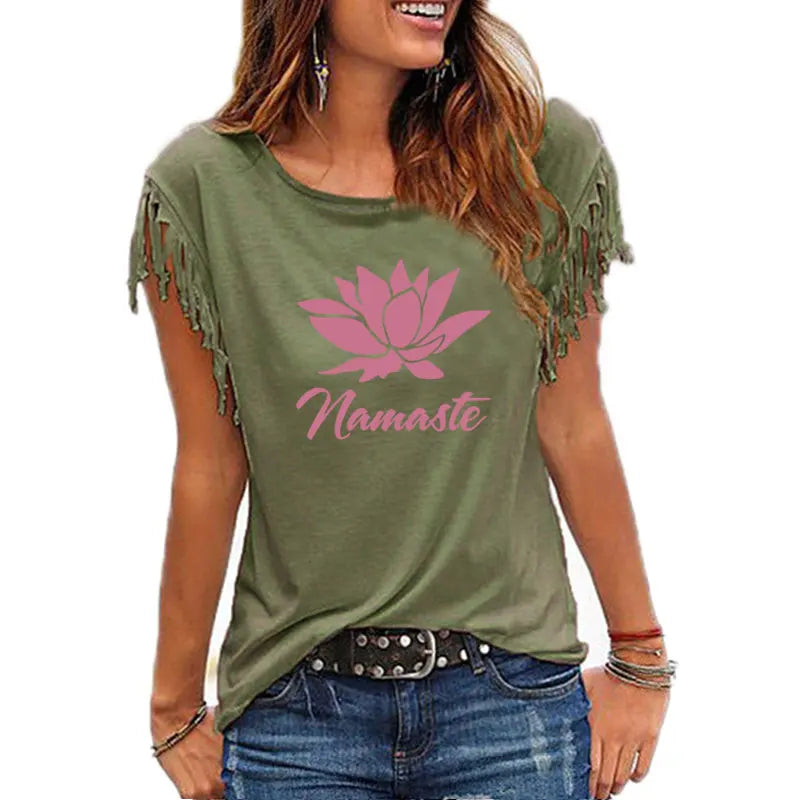 2021 New NAMASTE Print Women Tshirt Casual Short Sleeve O-neck Hipster Funny t Shirt For Girl Cotton Tassel Top Tees