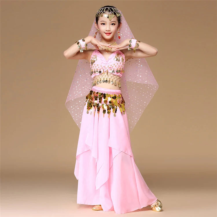 5pcs/set Pink Style Kids Belly Dance Costume Oriental Dance Costumes Belly Dance Dancer Clothes Indian Dance Costumes For Kids