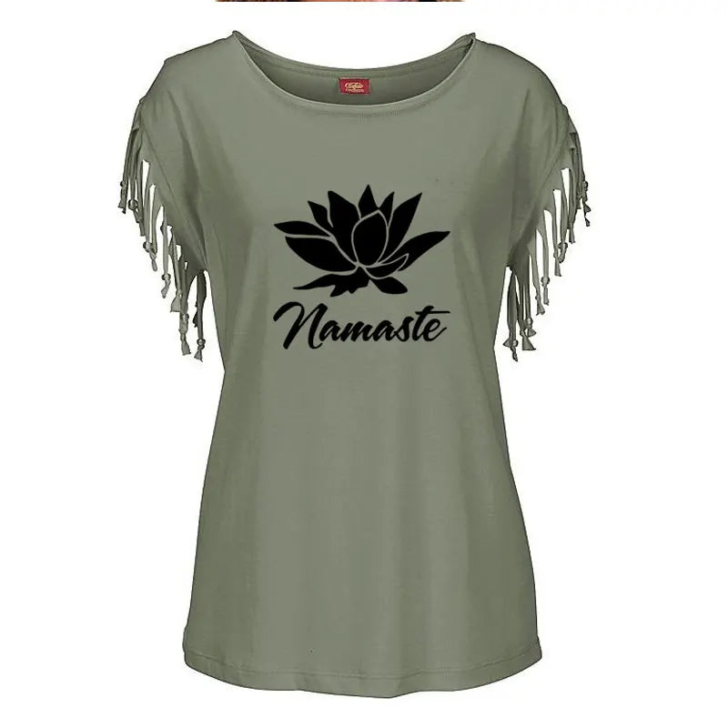 2021 New NAMASTE Print Women Tshirt Casual Short Sleeve O-neck Hipster Funny t Shirt For Girl Cotton Tassel Top Tees