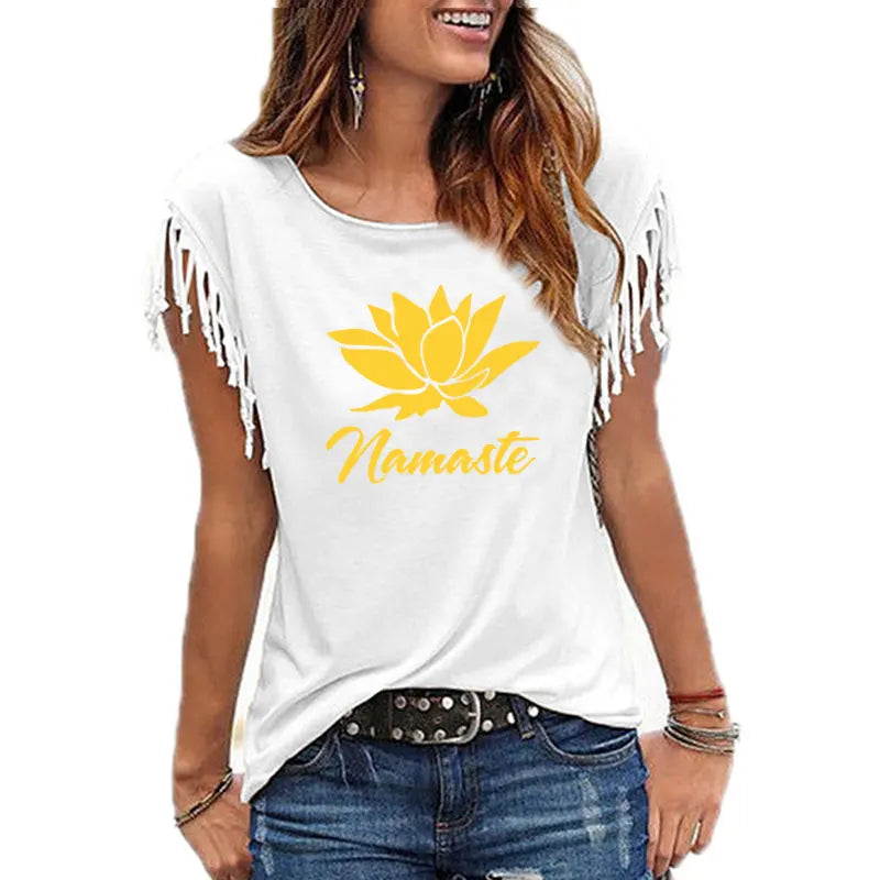 2021 New NAMASTE Print Women Tshirt Casual Short Sleeve O-neck Hipster Funny t Shirt For Girl Cotton Tassel Top Tees