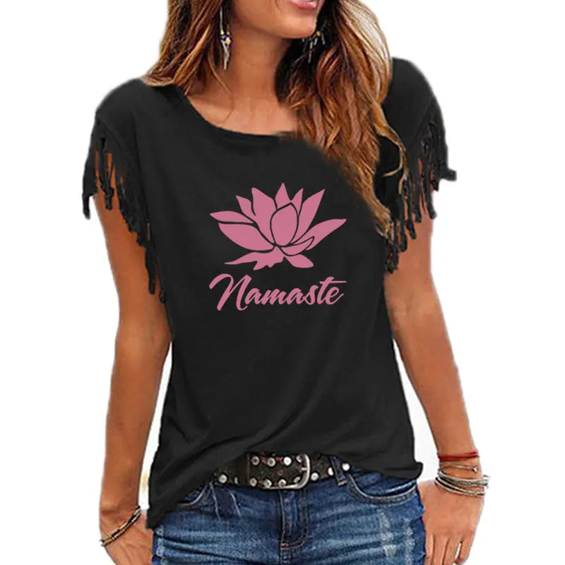 2021 New NAMASTE Print Women Tshirt Casual Short Sleeve O-neck Hipster Funny t Shirt For Girl Cotton Tassel Top Tees