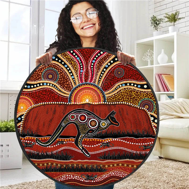 Aboriginal Kangaroo running Lizard Australia Art Circle Rug Non-slip Mat Dining Room Living Room Soft Bedroom Carpet