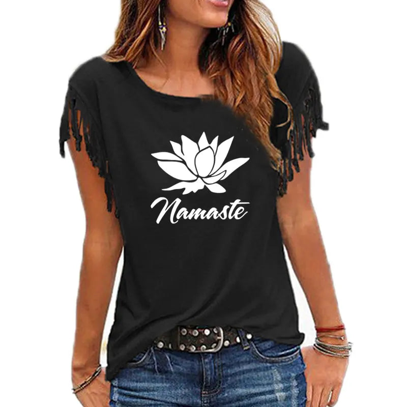 2021 New NAMASTE Print Women Tshirt Casual Short Sleeve O-neck Hipster Funny t Shirt For Girl Cotton Tassel Top Tees