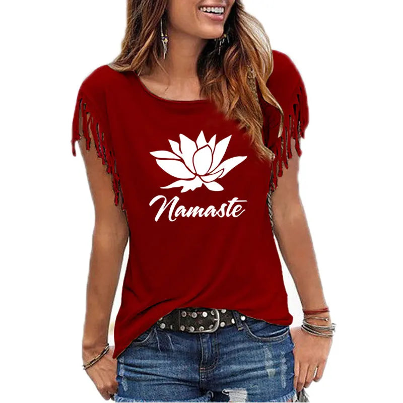 2021 New NAMASTE Print Women Tshirt Casual Short Sleeve O-neck Hipster Funny t Shirt For Girl Cotton Tassel Top Tees