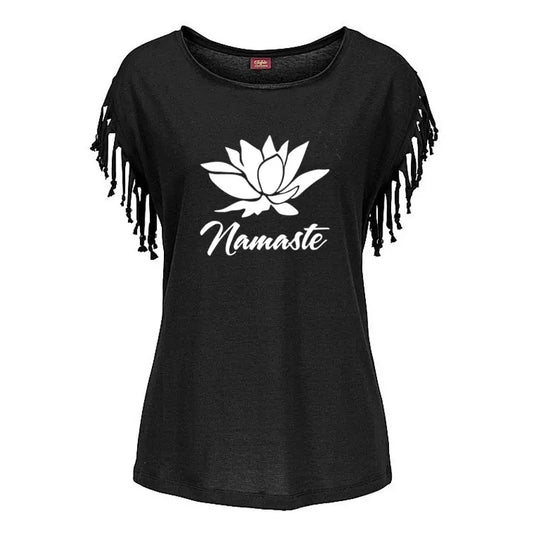 2021 New NAMASTE Print Women Tshirt Casual Short Sleeve O-neck Hipster Funny t Shirt For Girl Cotton Tassel Top Tees