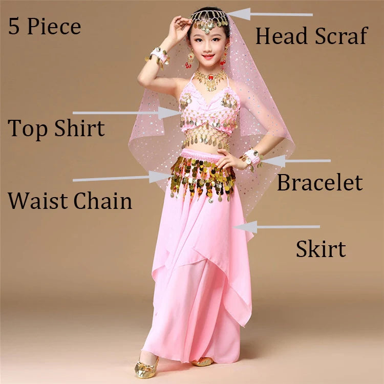 5pcs/set Pink Style Kids Belly Dance Costume Oriental Dance Costumes Belly Dance Dancer Clothes Indian Dance Costumes For Kids