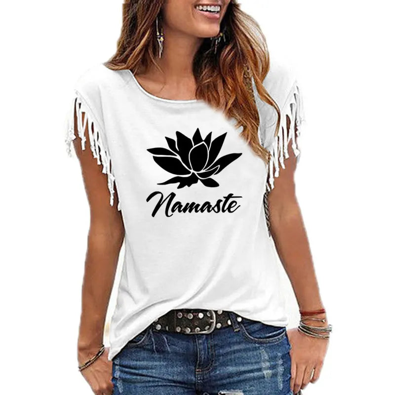 2021 New NAMASTE Print Women Tshirt Casual Short Sleeve O-neck Hipster Funny t Shirt For Girl Cotton Tassel Top Tees