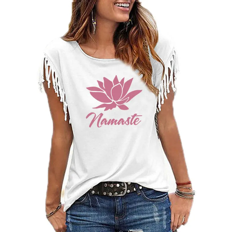 2021 New NAMASTE Print Women Tshirt Casual Short Sleeve O-neck Hipster Funny t Shirt For Girl Cotton Tassel Top Tees