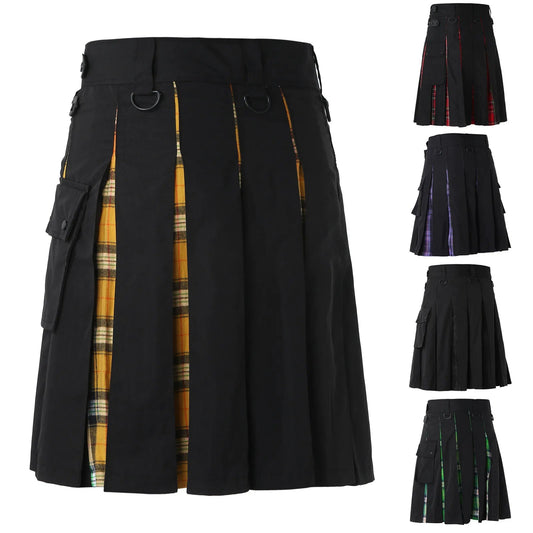 Men's Fashion Casual Scottish Style Half Bodies Skirts Plaid Contrast Pleated Skirt With Pockets Gothic Punk Vintage Kilt 