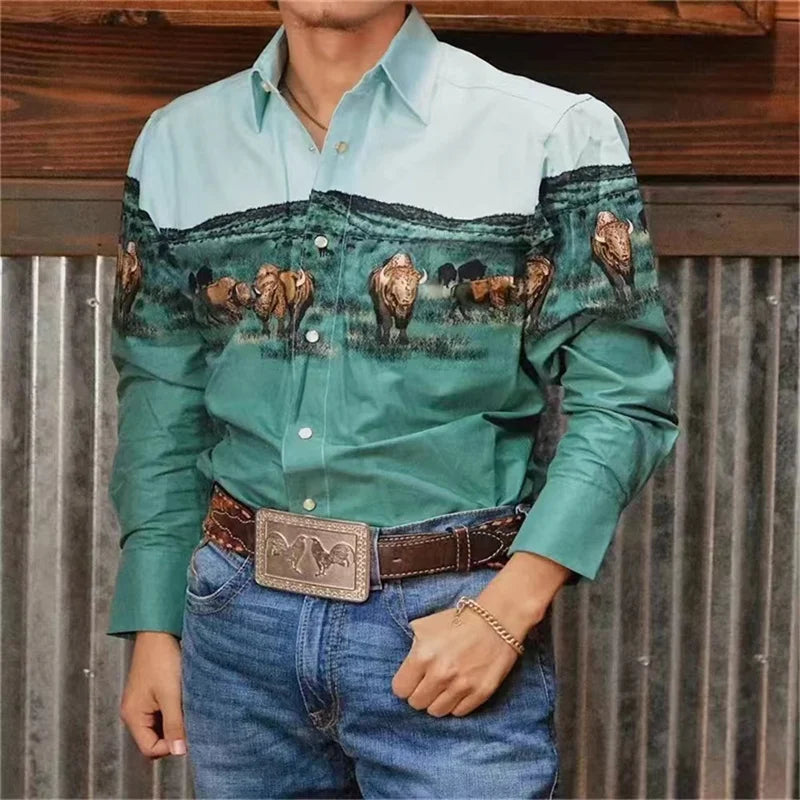 2024 New Western Tribal Men's Shirt Retro Casual Party Totem Horse HD Pattern Soft and Comfortable New Tribal Men's Shirt