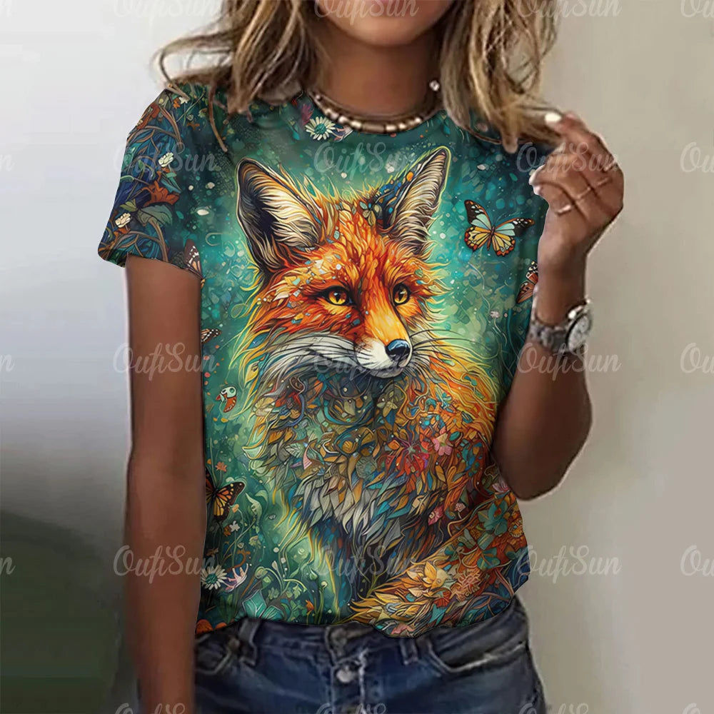 3D Cartoon Fox Print Women's T-Shirt Summer O Neck Casual Short Sleeve Ladies Tees Loose Streetwear Female Fashion Pullover Tops