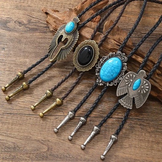 American Bolo Tie Punk Necktie Vintage Metal Bird Stone Cowboy Hat Pendant Western Necklace Costume Accessories