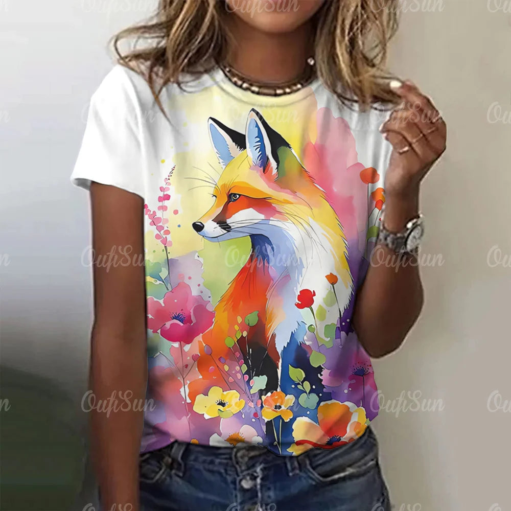 3D Cartoon Fox Print Women's T-Shirt Summer O Neck Casual Short Sleeve Ladies Tees Loose Streetwear Female Fashion Pullover Tops