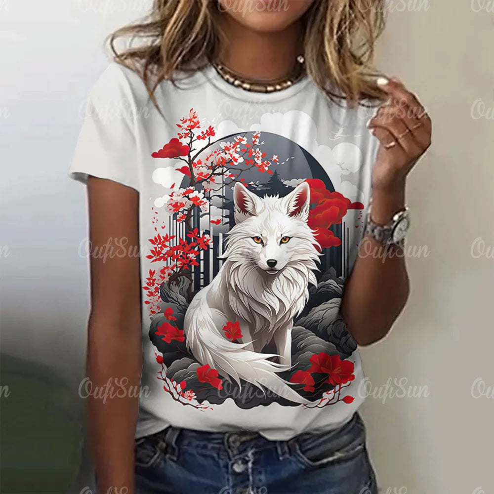 3D Cartoon Fox Print Women's T-Shirt Summer O Neck Casual Short Sleeve Ladies Tees Loose Streetwear Female Fashion Pullover Tops