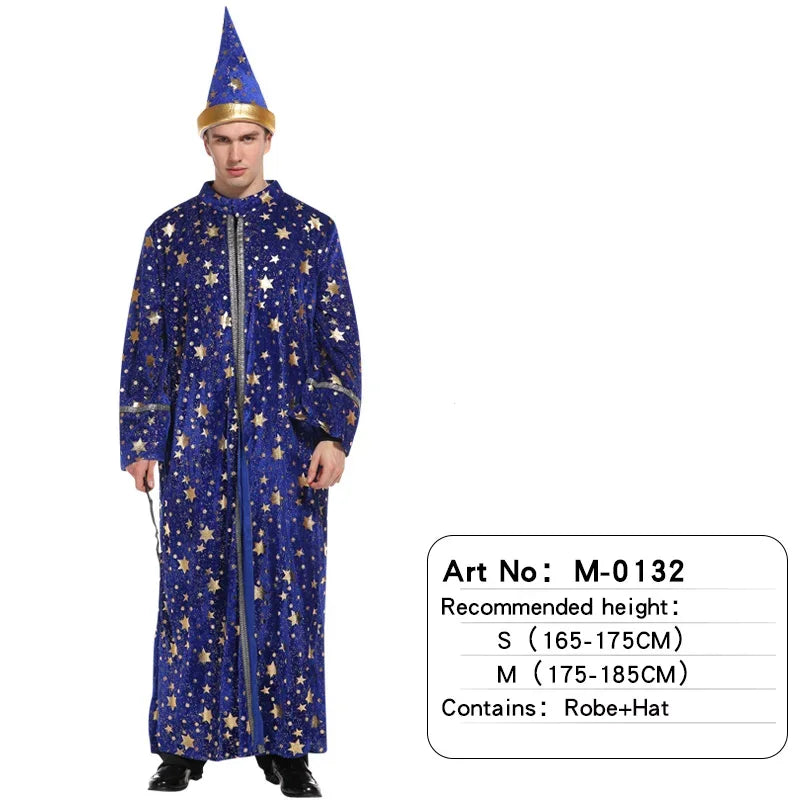 Adult Halloween Men Blue Robe and Hat Star Moon Magic Magician Wizard Costume Cosplay Role Playing Decoration Clothing