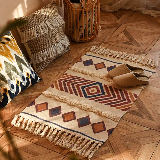 60x90cm Retro Bohemian Hand Woven Tassel Carpet for Home Living Room Window Bedside Linen Rug Table Runner Door Mat Home Decor