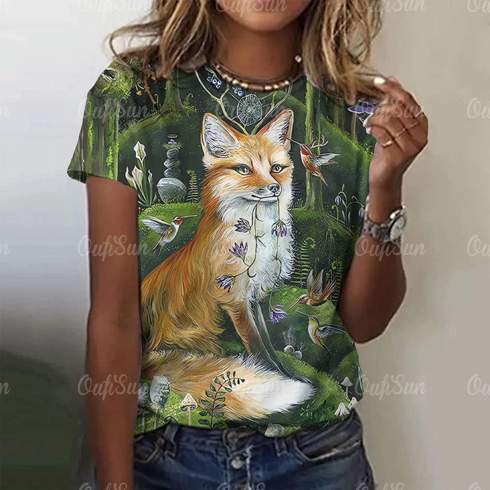 3D Cartoon Fox Print Women's T-Shirt Summer O Neck Casual Short Sleeve Ladies Tees Loose Streetwear Female Fashion Pullover Tops