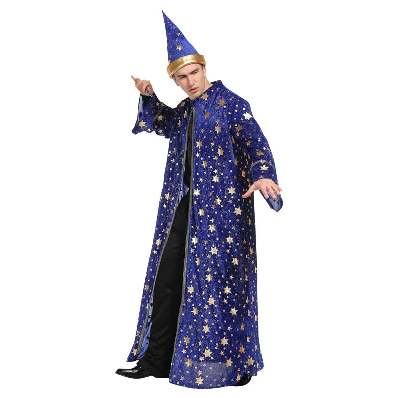 Adult Halloween Men Blue Robe and Hat Star Moon Magic Magician Wizard Costume Cosplay Role Playing Decoration Clothing