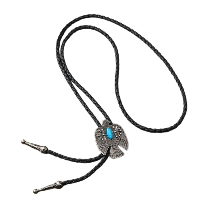 American Bolo Tie Punk Necktie Vintage Metal Bird Stone Cowboy Hat Pendant Western Necklace Costume Accessories