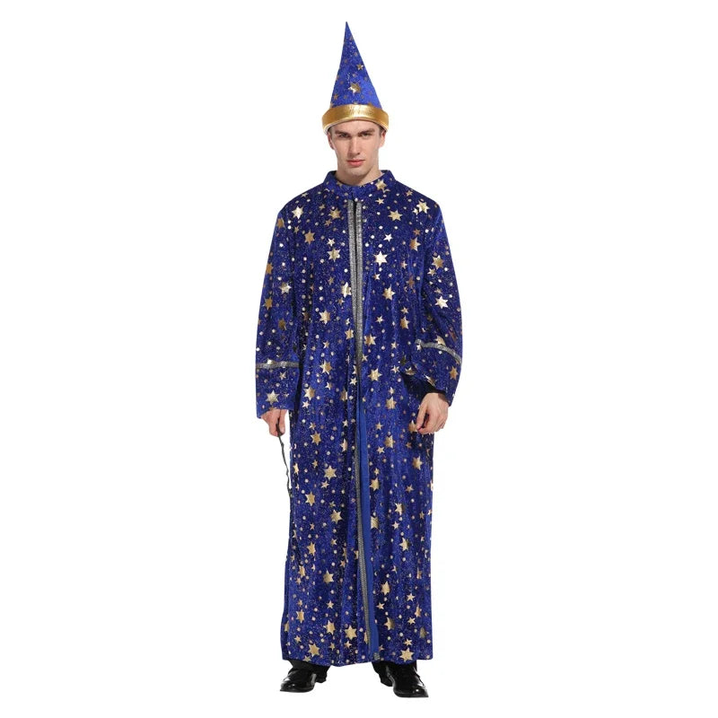 Adult Halloween Men Blue Robe and Hat Star Moon Magic Magician Wizard Costume Cosplay Role Playing Decoration Clothing