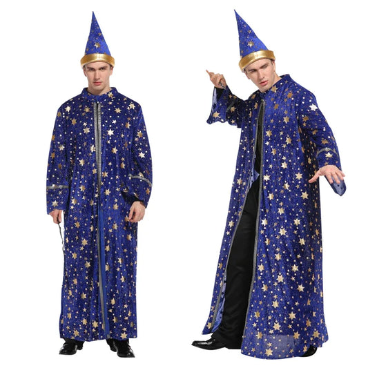 Adult Halloween Men Blue Robe and Hat Star Moon Magic Magician Wizard Costume Cosplay Role Playing Decoration Clothing