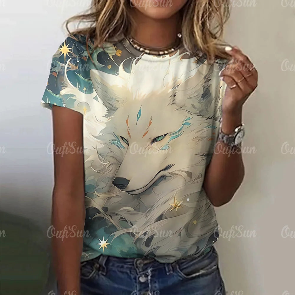 3D Cartoon Fox Print Women's T-Shirt Summer O Neck Casual Short Sleeve Ladies Tees Loose Streetwear Female Fashion Pullover Tops