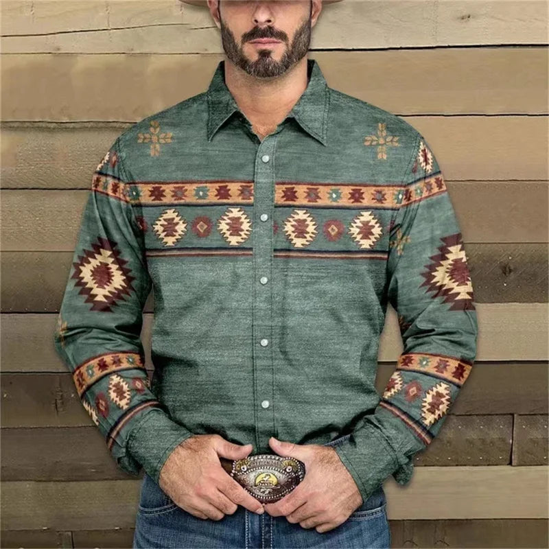 2024 New Western Tribal Men's Shirt Retro Casual Party Totem Horse HD Pattern Soft and Comfortable New Tribal Men's Shirt