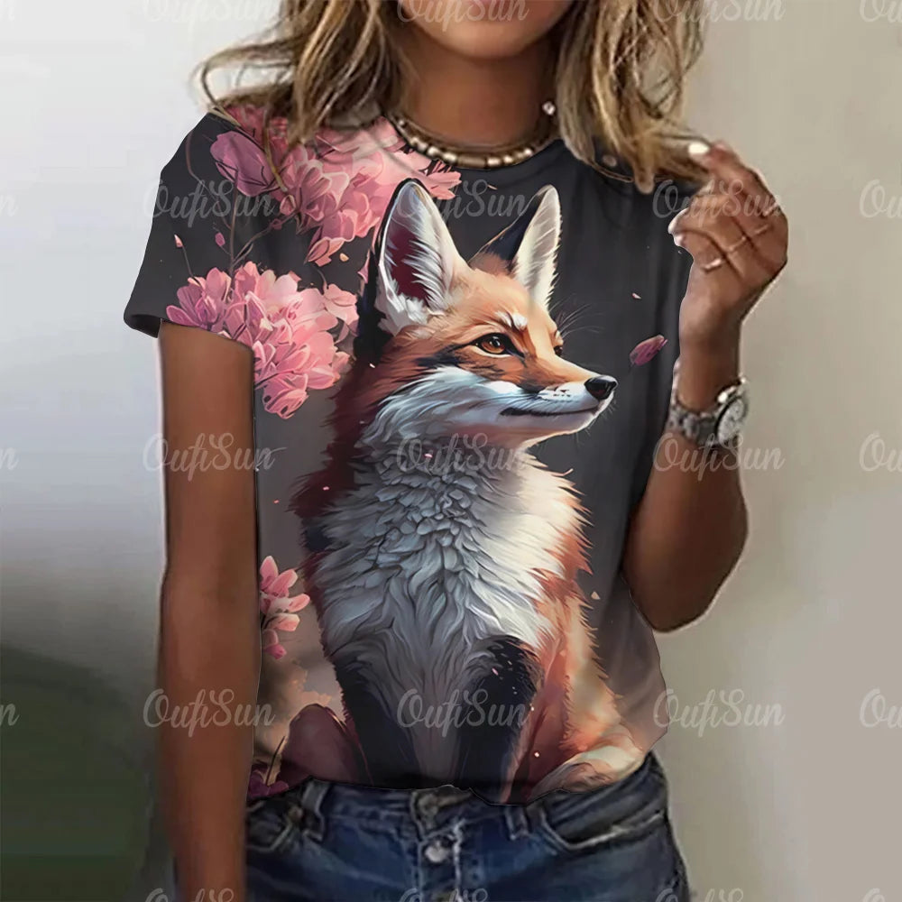 3D Cartoon Fox Print Women's T-Shirt Summer O Neck Casual Short Sleeve Ladies Tees Loose Streetwear Female Fashion Pullover Tops