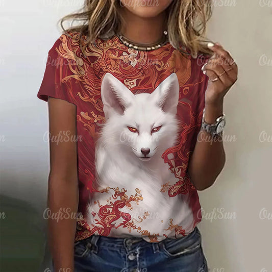 3D Cartoon Fox Print Women's T-Shirt Summer O Neck Casual Short Sleeve Ladies Tees Loose Streetwear Female Fashion Pullover Tops