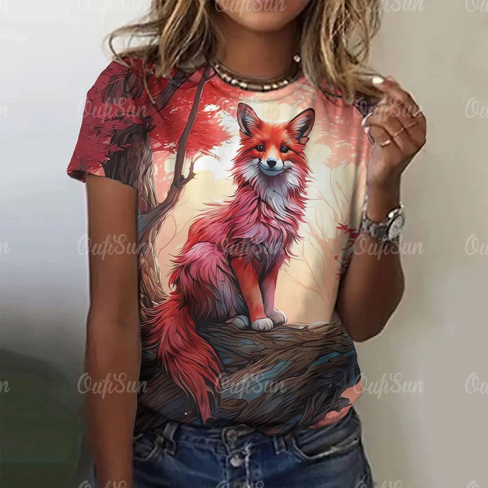 3D Cartoon Fox Print Women's T-Shirt Summer O Neck Casual Short Sleeve Ladies Tees Loose Streetwear Female Fashion Pullover Tops