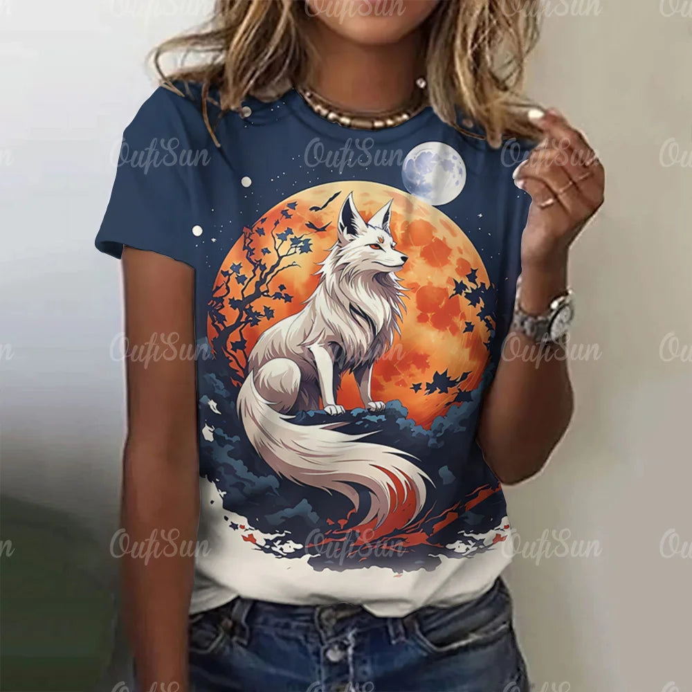 3D Cartoon Fox Print Women's T-Shirt Summer O Neck Casual Short Sleeve Ladies Tees Loose Streetwear Female Fashion Pullover Tops