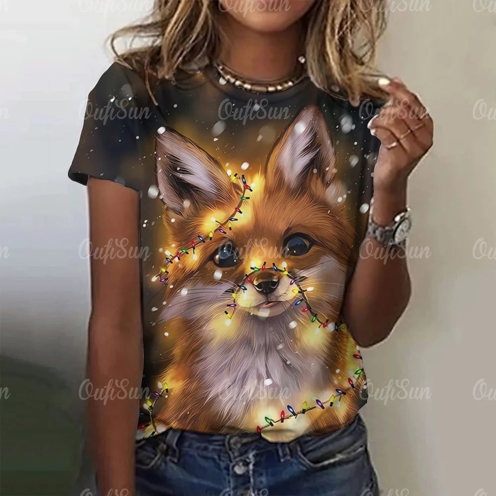 3D Cartoon Fox Print Women's T-Shirt Summer O Neck Casual Short Sleeve Ladies Tees Loose Streetwear Female Fashion Pullover Tops